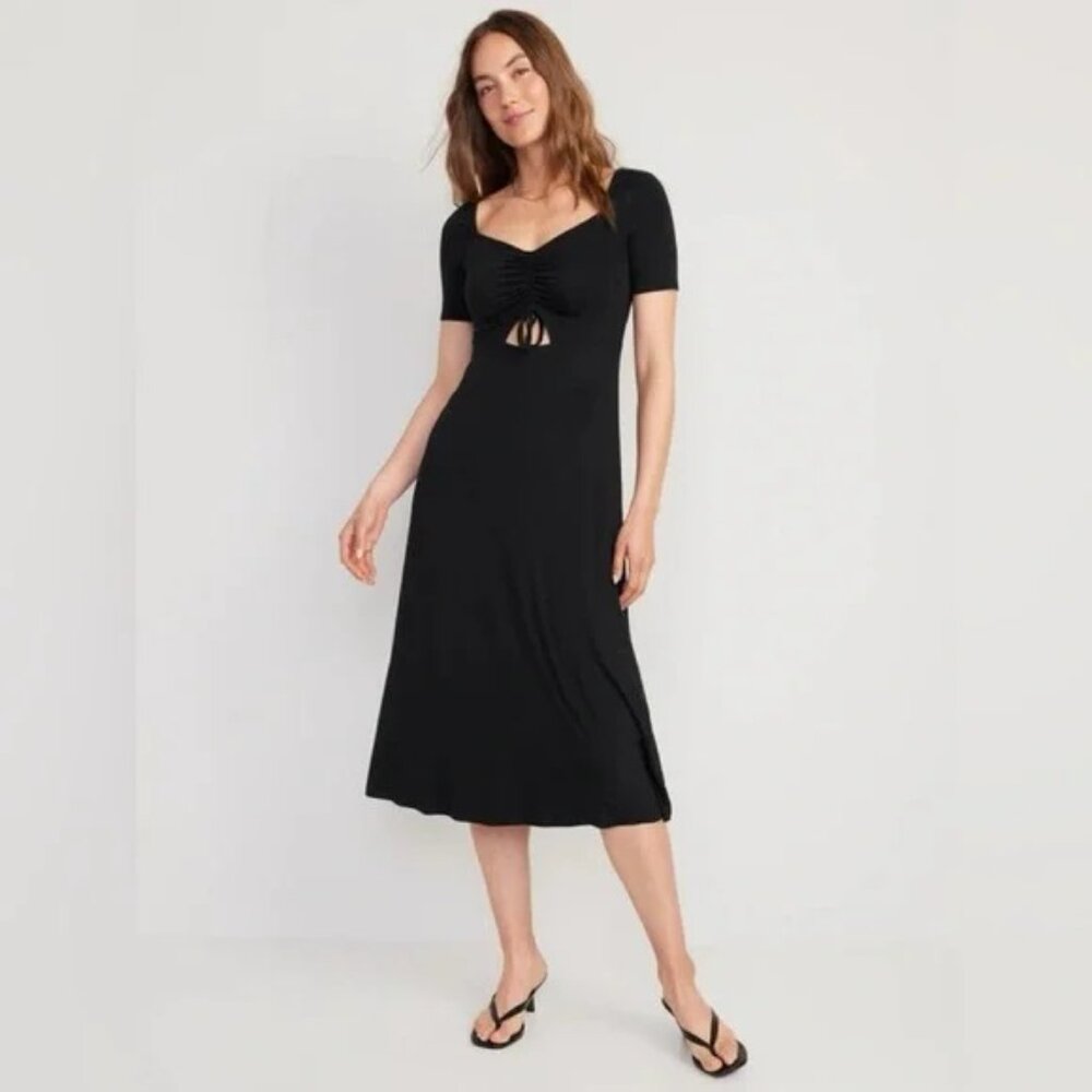 Black Fit & Flare Cutout-Front Midi Dress